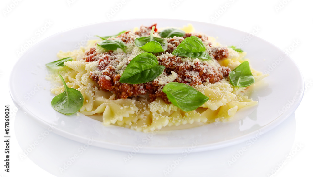 Pasta bolognese on white plate isolated on white