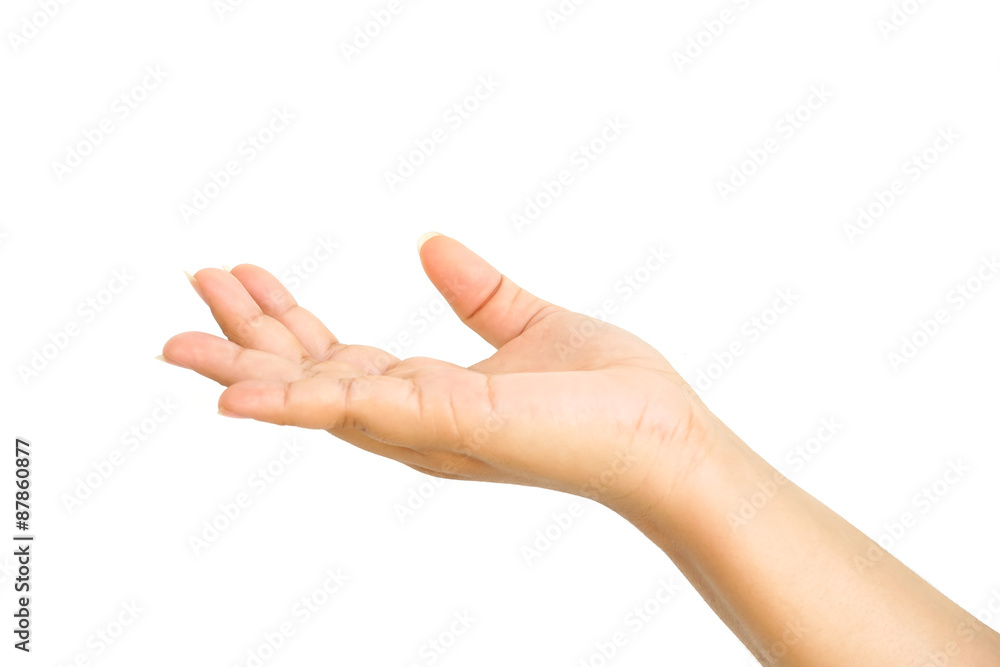 Open palm holding something invisible against pure white background. Open palm holding something invisible against pure white background.