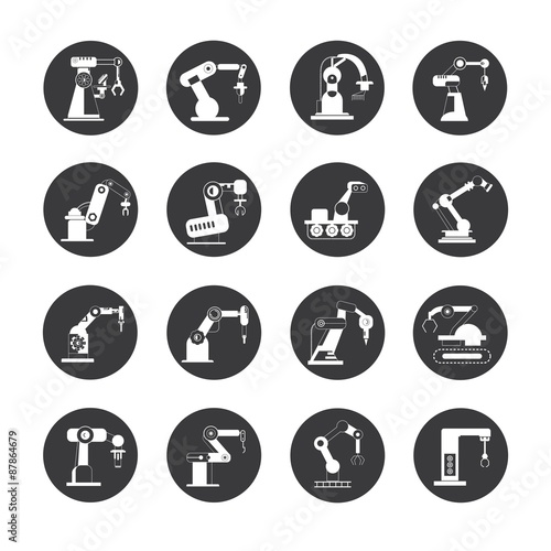 robot icons, industrial robotic arm icons