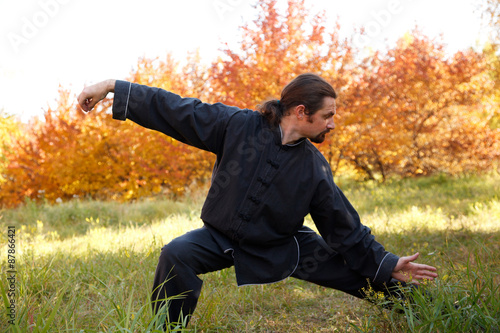 Practicing Tai Chi in autumn park