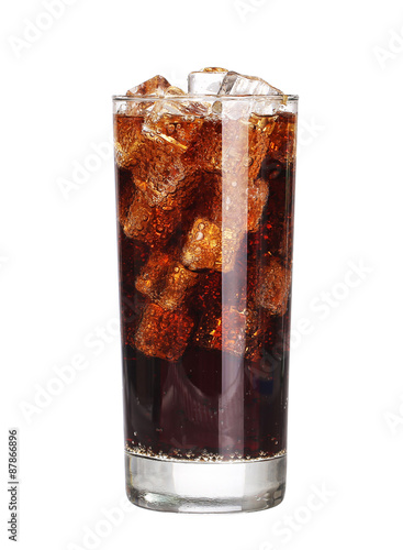 Cola soda drink glass with ice cubes Isolated on white backgroun