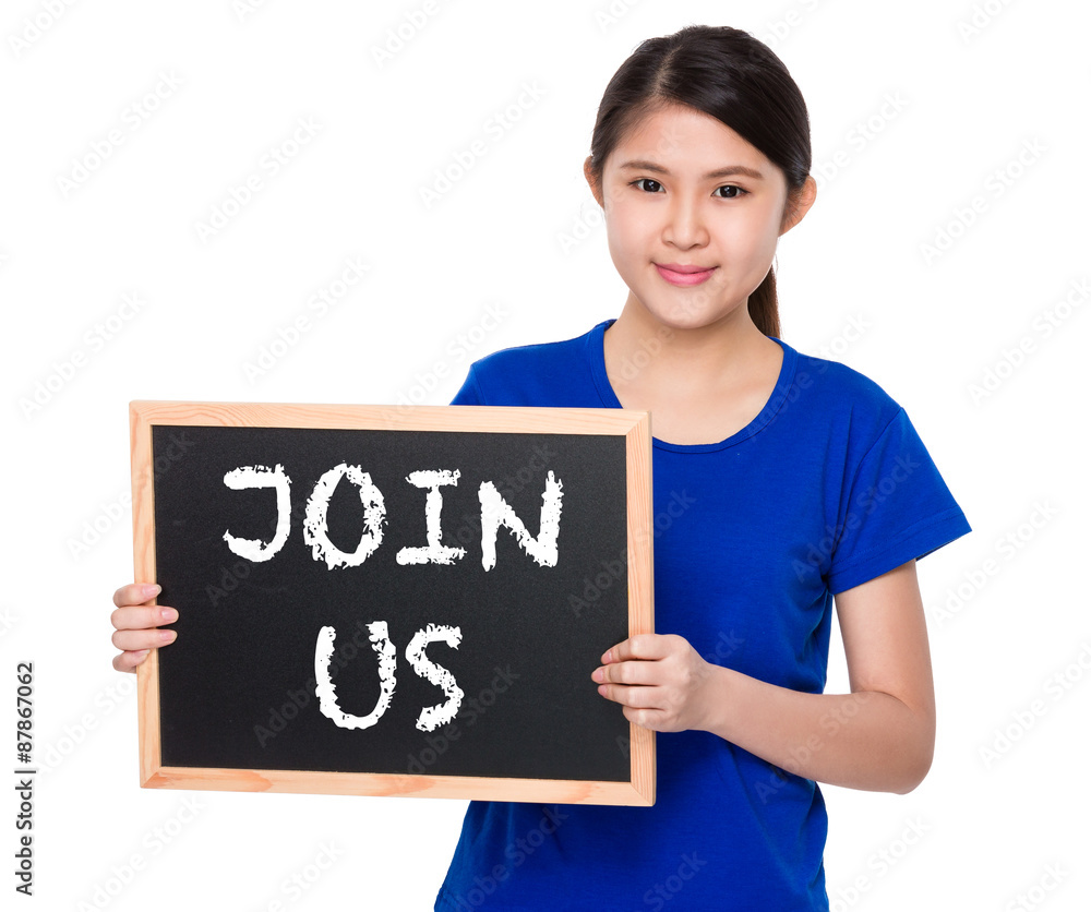Asian student show with blackboard phrase join us Asian student show with blackboard phrase join us