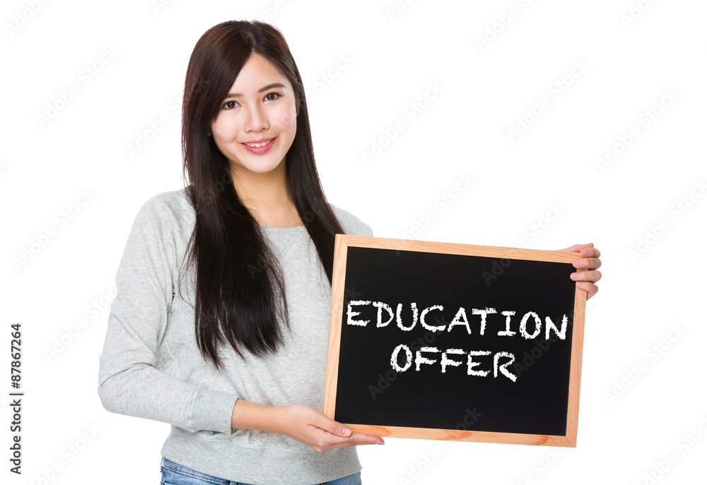 Young woman hold with chalkboard showing education offer Young woman hold with chalkboard showing education offer