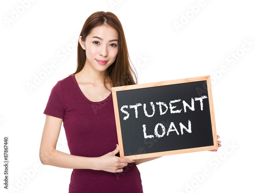 Young woman with blackboard showing phrase student loan