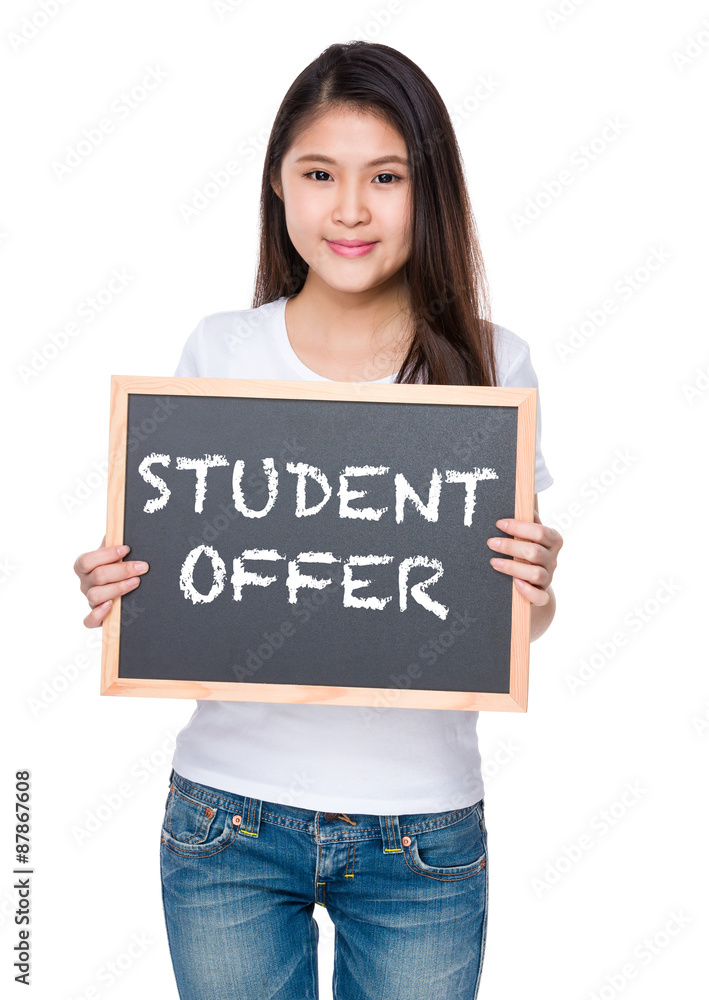 Young woman hold with chalkboard and showing student offer Young woman hold with chalkboard and showing student offer