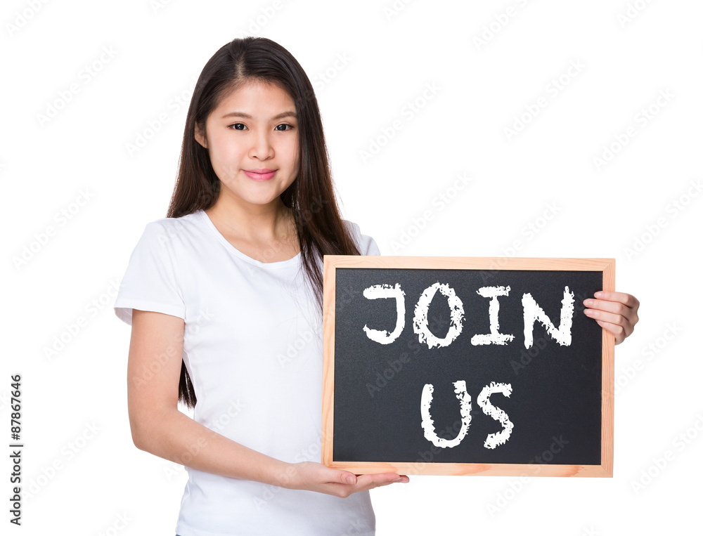 Young lady with black board and showing join us on board Young lady with black board and showing join us on board