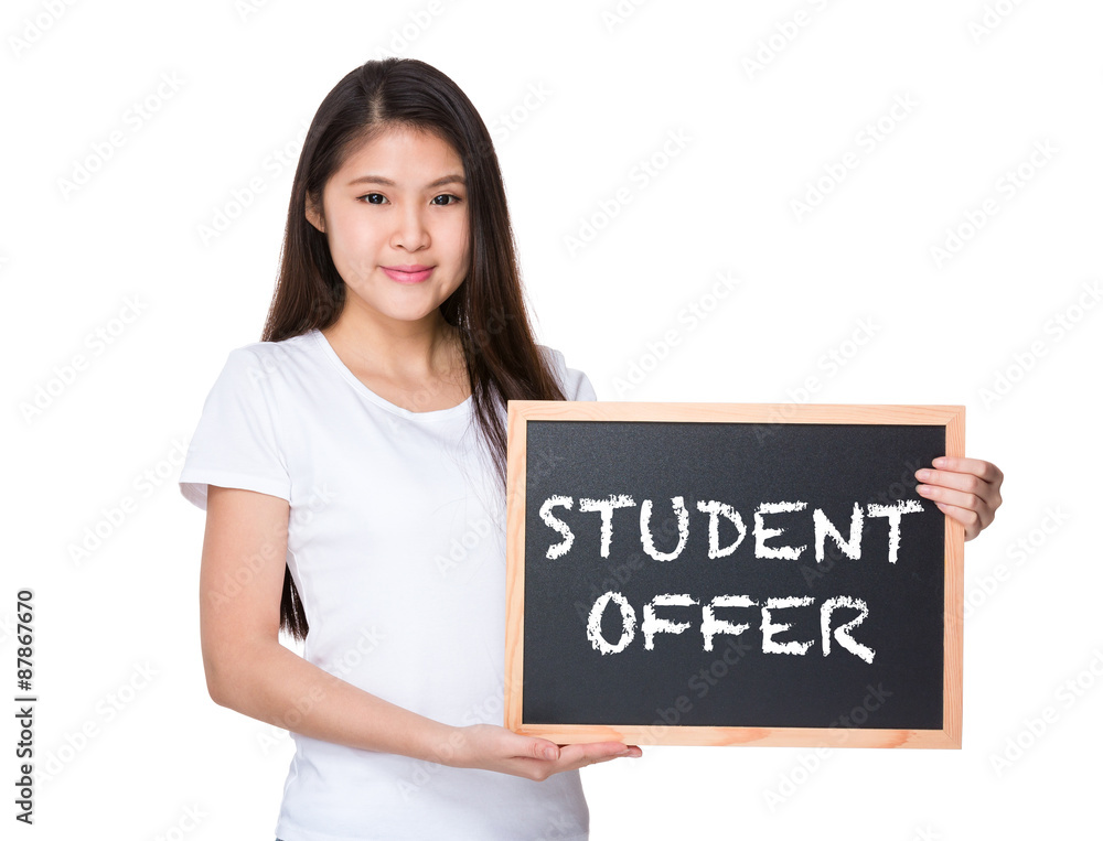Young lady with black board and showing student offer Young lady with black board and showing student offer