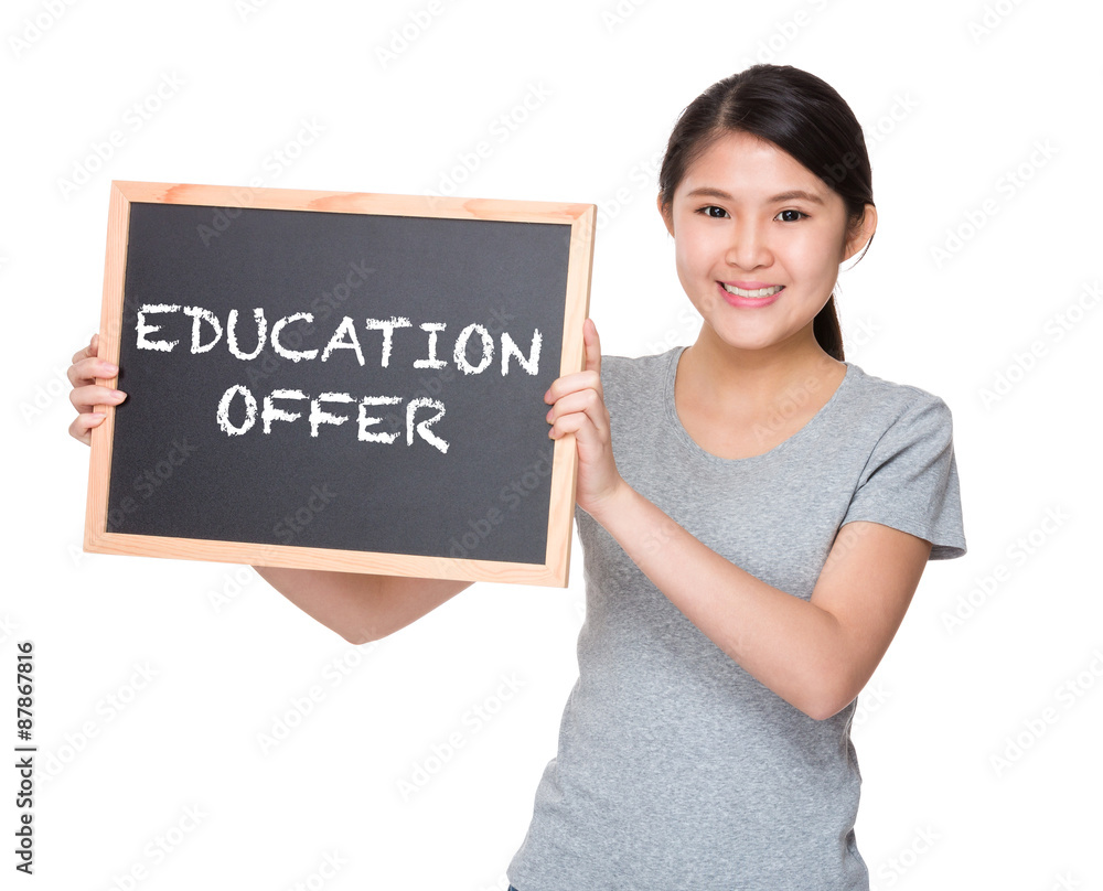 Young student hold with black board showing education offer Young student hold with black board showing education offer