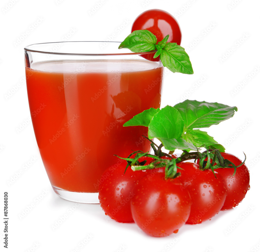 Glass of tomato juice with green leaves isolated on white Glass of tomato juice with green leaves isolated on white