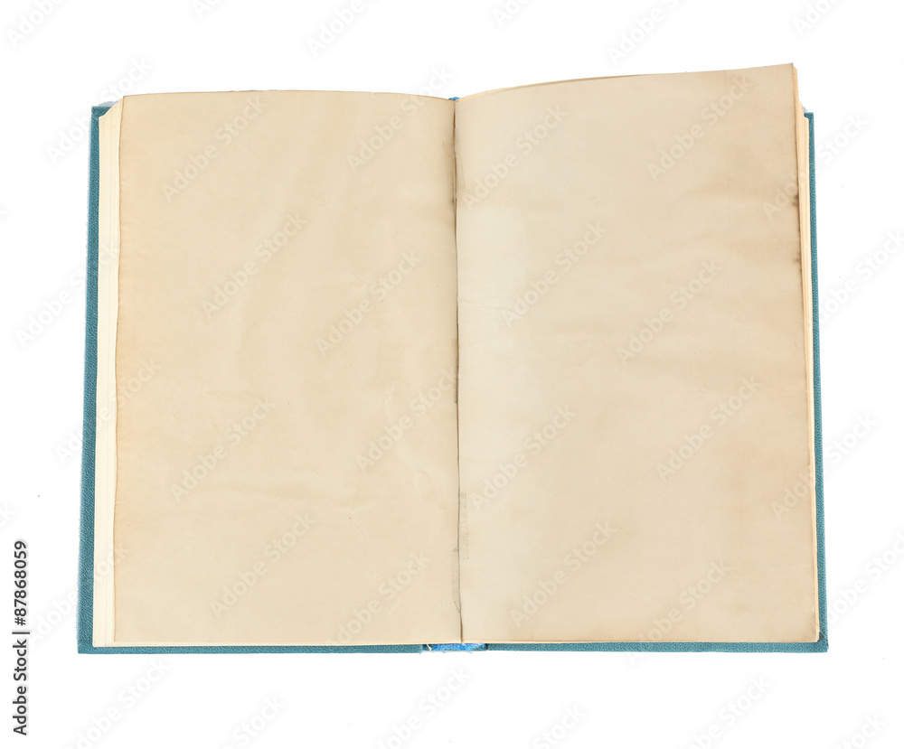 Blank retro open book isolated on white