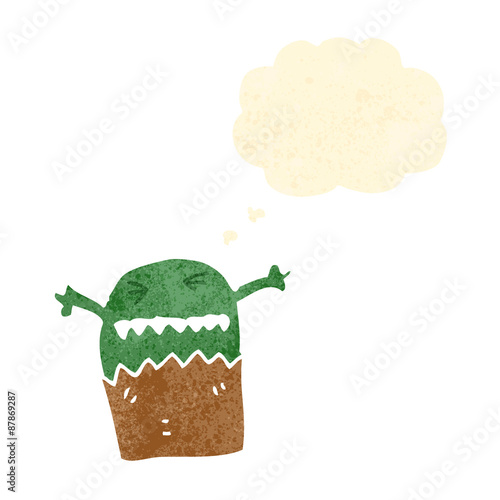 cartoon little alien with thought bubble