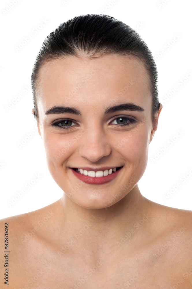 Cheerful topless girl over white Cheerful topless girl over white