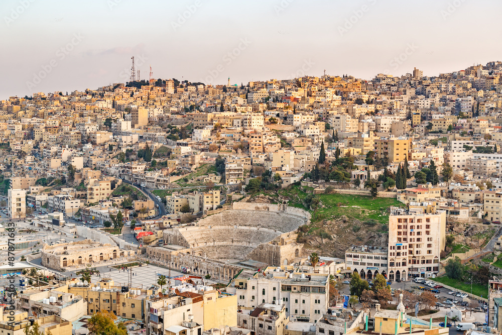 The Roman Theater viewed from the Citadel Hill in Amman, Jordan.