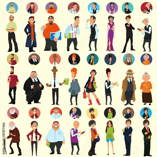 different people in full-length and different poses. avatars and icons. people's faces. vector illustration of a flat style for your design.
