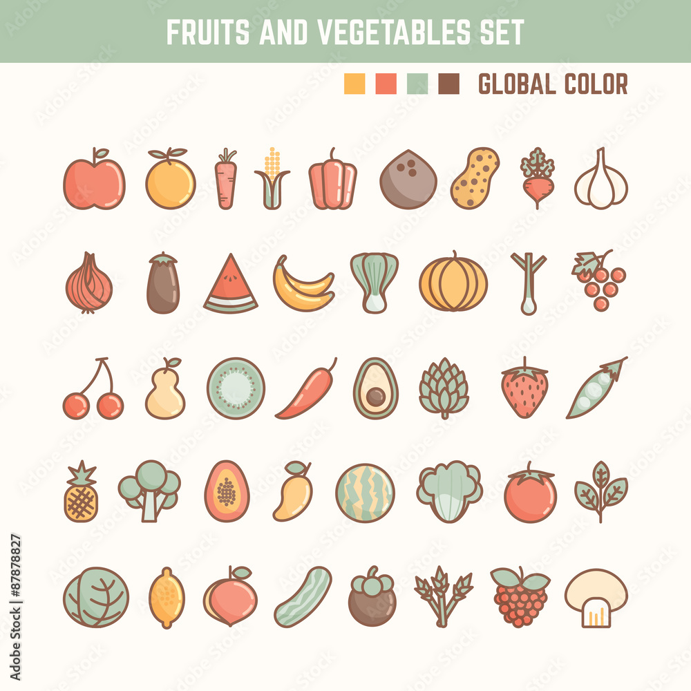 fruits and vegetables outline icon set