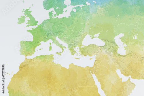 Mappa Europa, Africa e Medio Oriente, disegnata a mano, acquarello