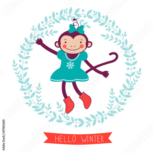 Hello winter concept card with monkey - symbol of 2016 new year © olillia