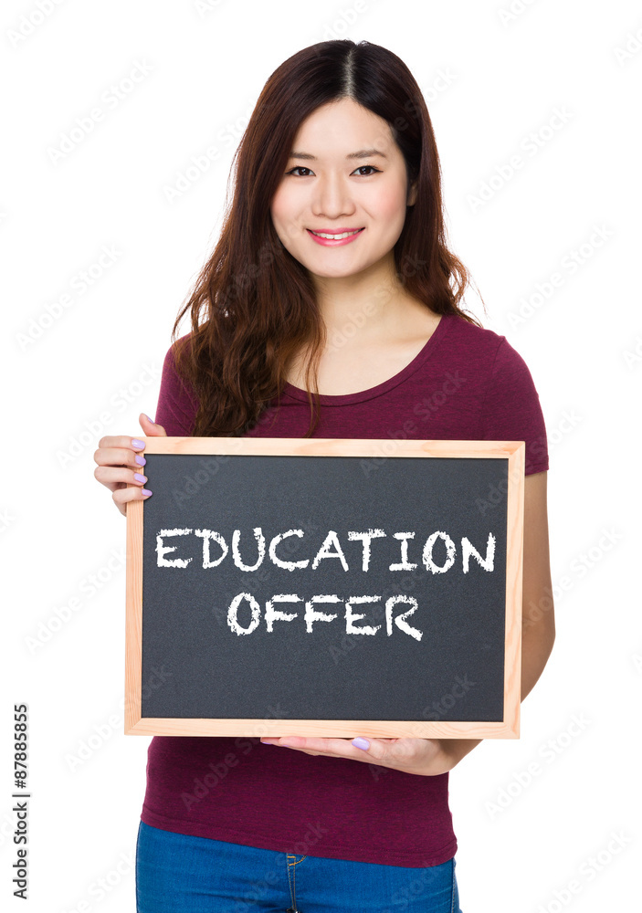 Asian Young woman hold with chalkboard and showing education off Asian Young woman hold with chalkboard and showing education off