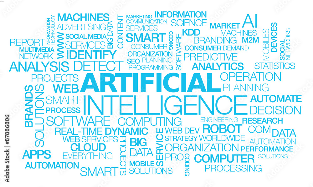 Artificial intelligence (AI) words tag cloud blue text machines