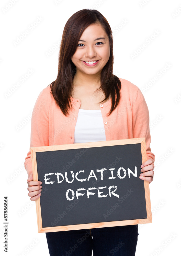 Asian woman with black board showing education offer Asian woman with black board showing education offer