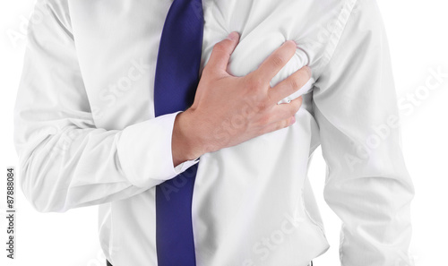 Man having chest pain - heart attack. On white background