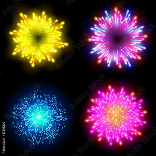 Festive patterned firework bursting in various shapes sparkling pictograms set against black background abstract vector isolated illustration