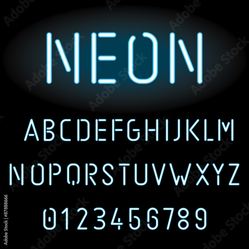 Blue neon light alphabet, vector illustration