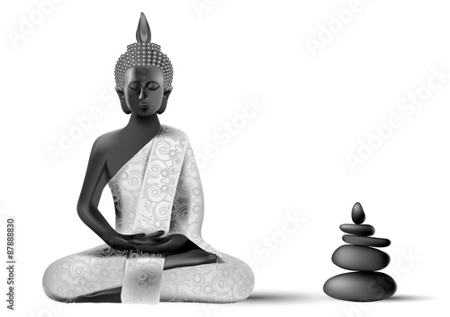 Meditating Buddha posture in silver and black colors with stones