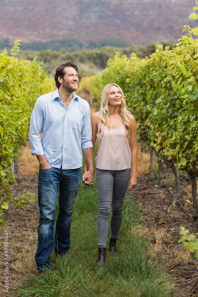 Fototapeta premium Young happy couple walking side by side while holding hands