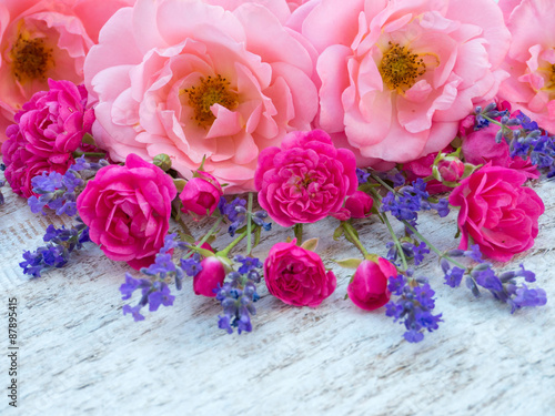 Pink curly roses, small vibrant pink roses and provence lavender