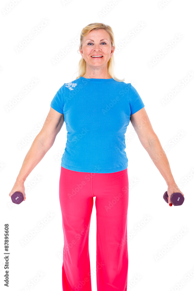 Happy and smile old senior woman in sport outfit in gym working out with dumbbells in hands, isolated on white background, Positive human emotions Happy and smile old senior woman in sport outfit in gym working out with dumbbells in hands, isolated on white background, Positive human emotions
