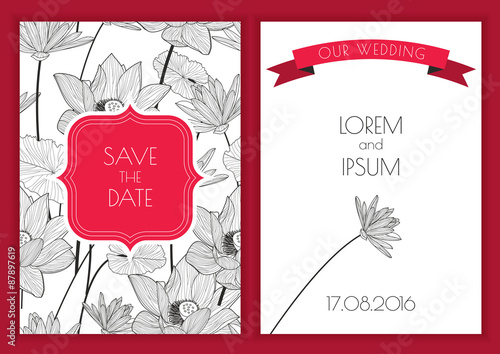 Fototapeta Naklejka Na Ścianę i Meble -  Set of vector floral save the date greeting card. Hand drawn lot