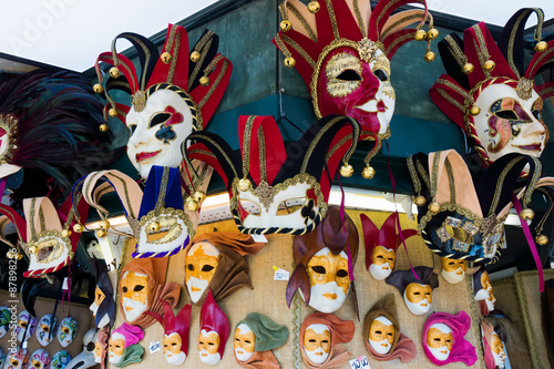 Various venetian masks on sale . colorful artistic masks on the