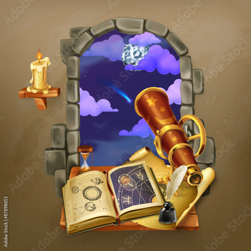 Window in the castle, magic and astrology vector illustration