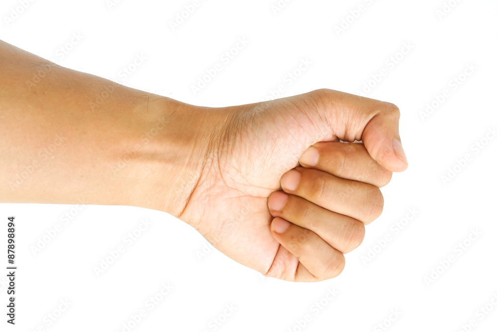 Male hand clench one' fists isolated on white background. Male hand clench one' fists isolated on white background.