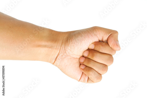 Male hand clench one' fists isolated on white background.