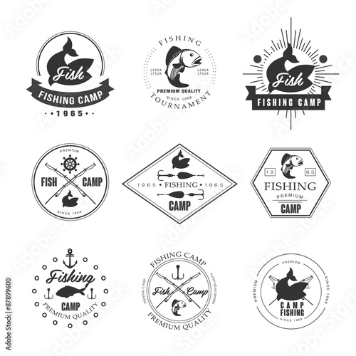 Vintage pike fishing emblems, labels and design elements