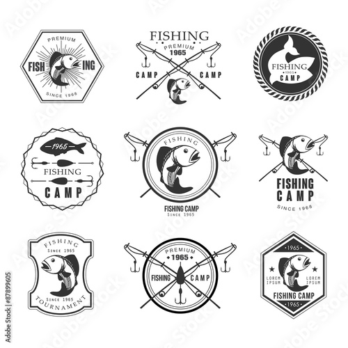 Vintage pike fishing emblems, labels and design elements