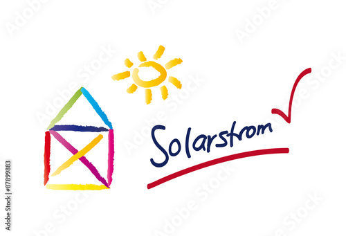 Erzeugung von Solarstrom, Haus und Sonne mit Nutzung von Sonnenenergie - Strichzeichnung, Photovoltaikanlage auf dem eigenen Haus