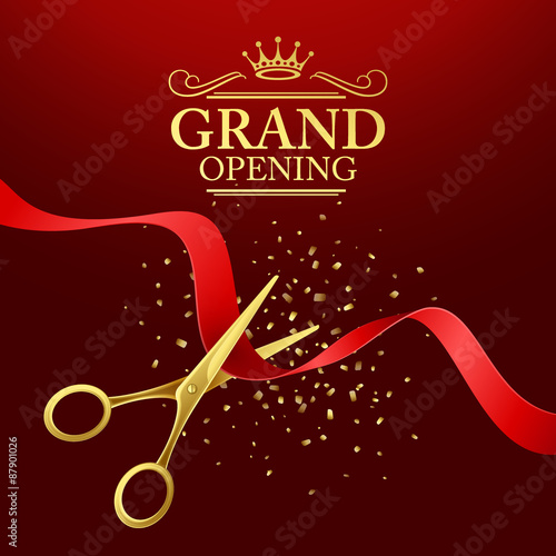 Grand opening illustration with red ribbon and gold scissors