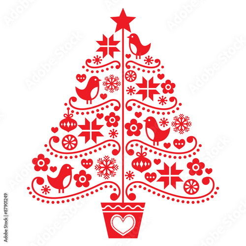 
Christmas tree design - folk style with birds, flowers and snowflakes 
