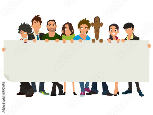 Full length portrait of confident multiethnic college students displaying blank billboard against white background.vector illustration of a flat style.
