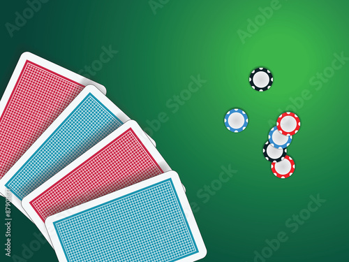 Poker cards on green board with tokens