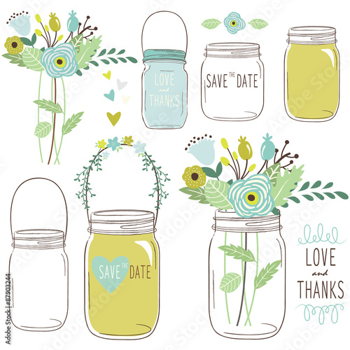 Vector drawings of wedding jars and flowers