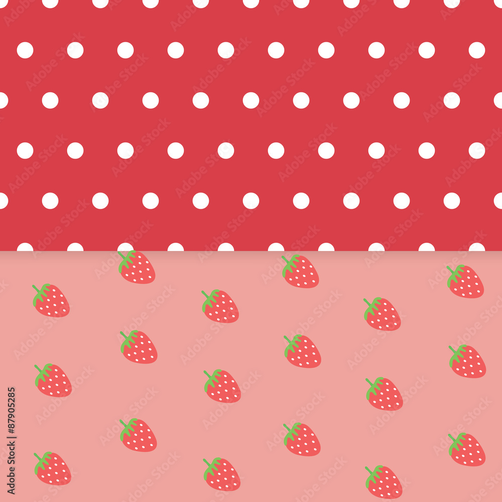 Strawberry pattern with polka dots seamless background.