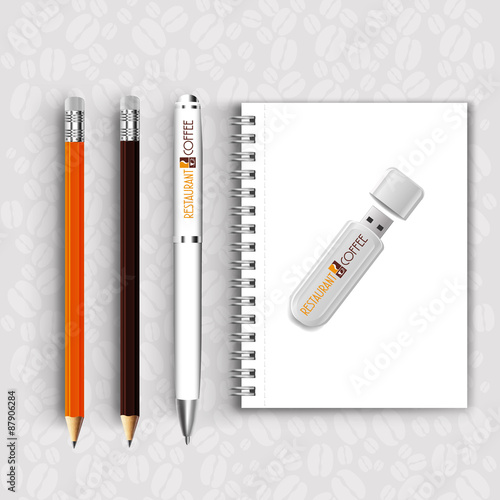 Notebook pencil with pen drive Menu Restaurant Background coffee beans