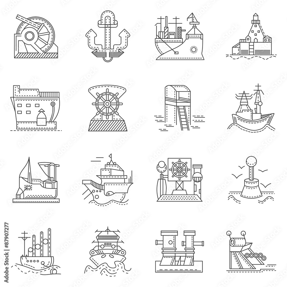 Ships and ports line icons