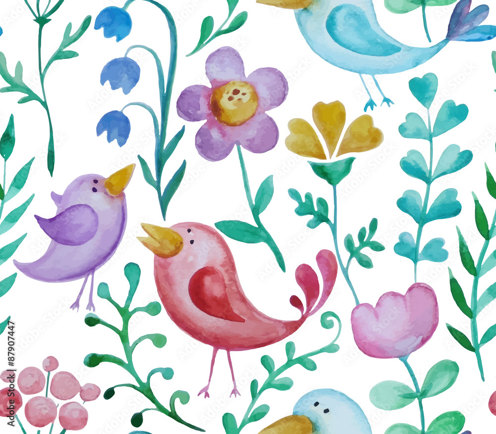 Beautiful hand drawn seamless pattern with floral elements and birds