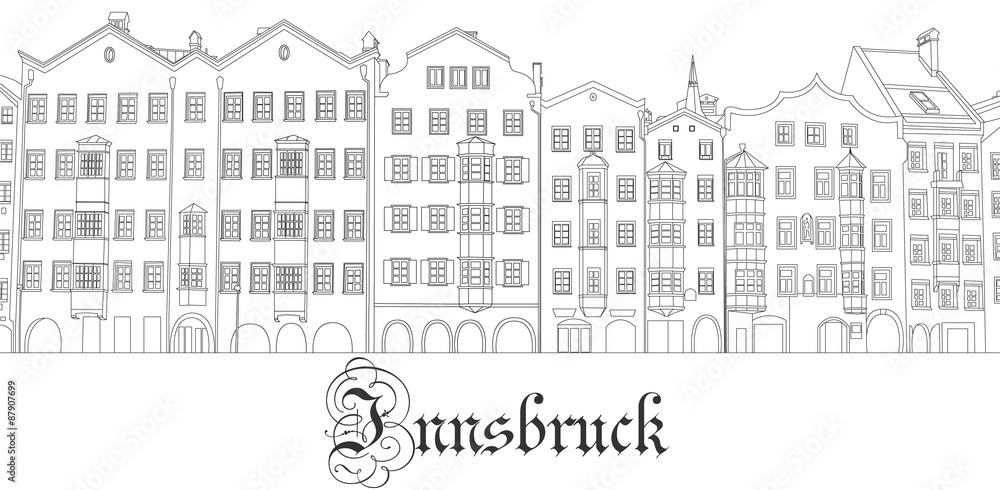 An illustration of historical houses of Innsbruck in Tirol, Austria.