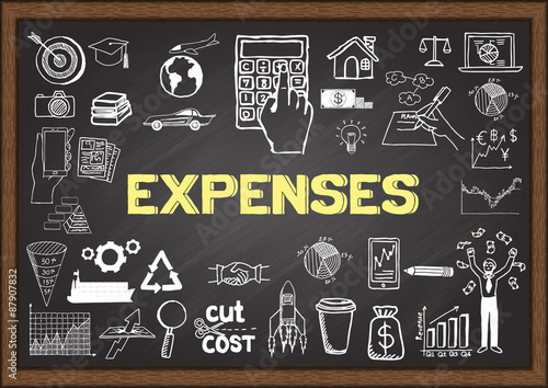 Doodles about expenses on chalkboard.